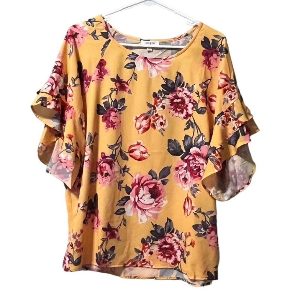 UMGEE Floral Blouse‎ Size Small Yellow Flutter Sleeves Cottagecore Boho